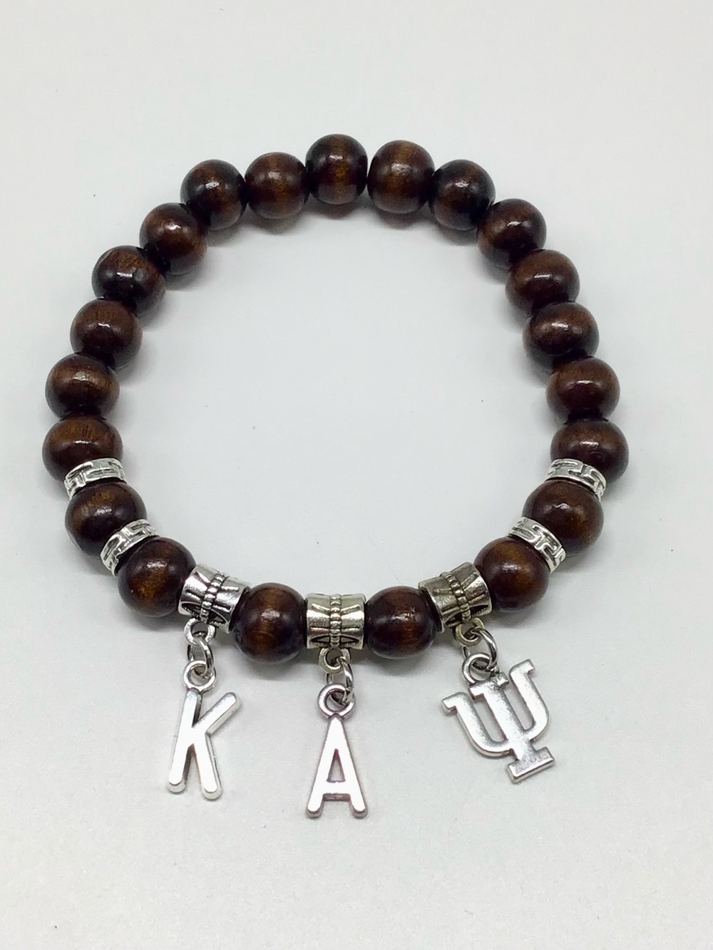 Kappa Alpha Psi Wood Bead Bracelet with KAΨ Silver Letter Charms - Brown